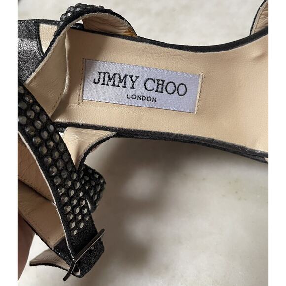 Jimmy Choo Gun Metallic Pable Crystal Hematite studs wedge sandal Heels Ankle 39 - Picture 8 of 16